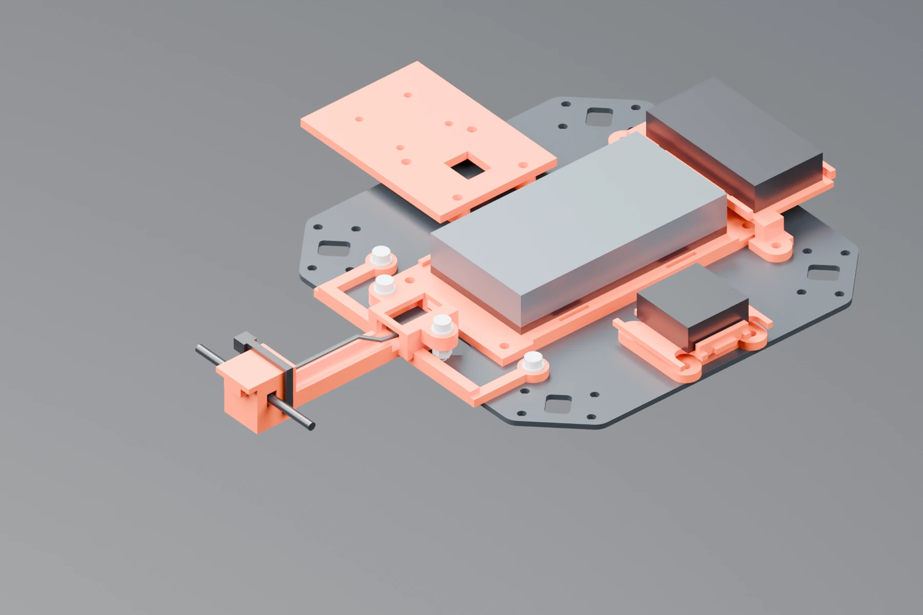Top view of the Foundation AIR R5 CAD assembly showing the planned locations of its flight controller, survey receiver, radios and supporting mounts