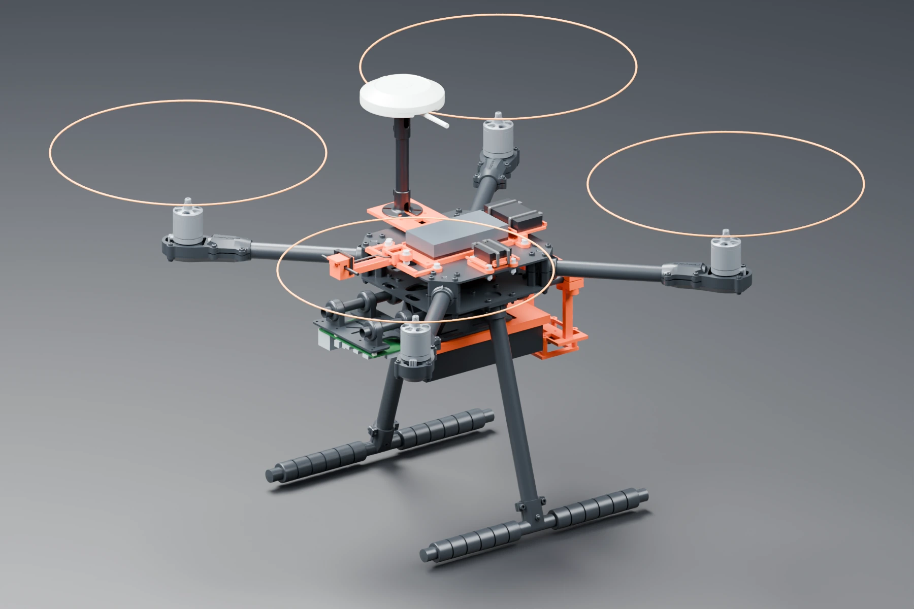 Foundation AIR R5 CAD development model with four arms, landing skids, downward camera, survey receiver and mounted electronics
