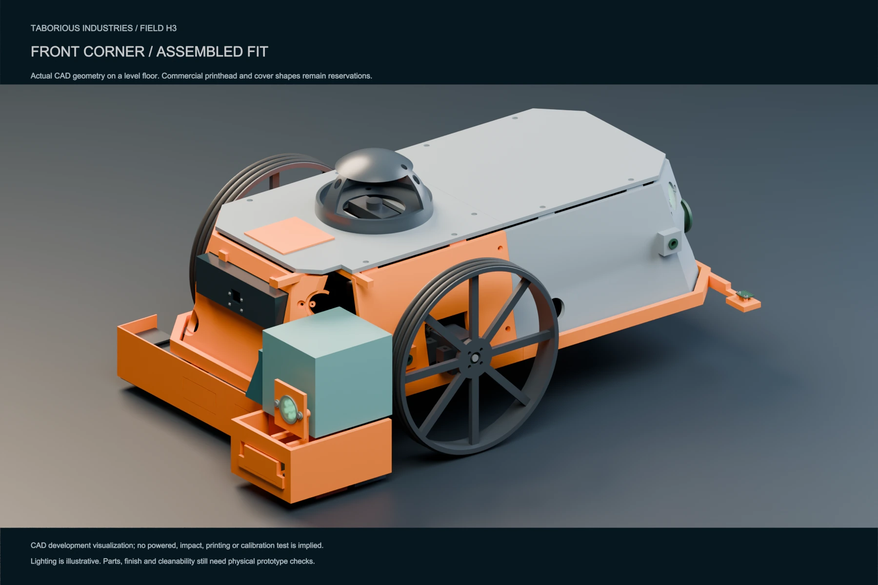FIELD H3 CAD development model with large wheels, a protected sensor dome and a revised front bumper around the side-offset printhead allocation