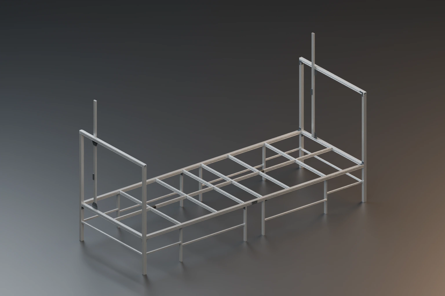 Actual CAD render of an aluminium-extrusion foam-cutter frame with a long base and two end towers